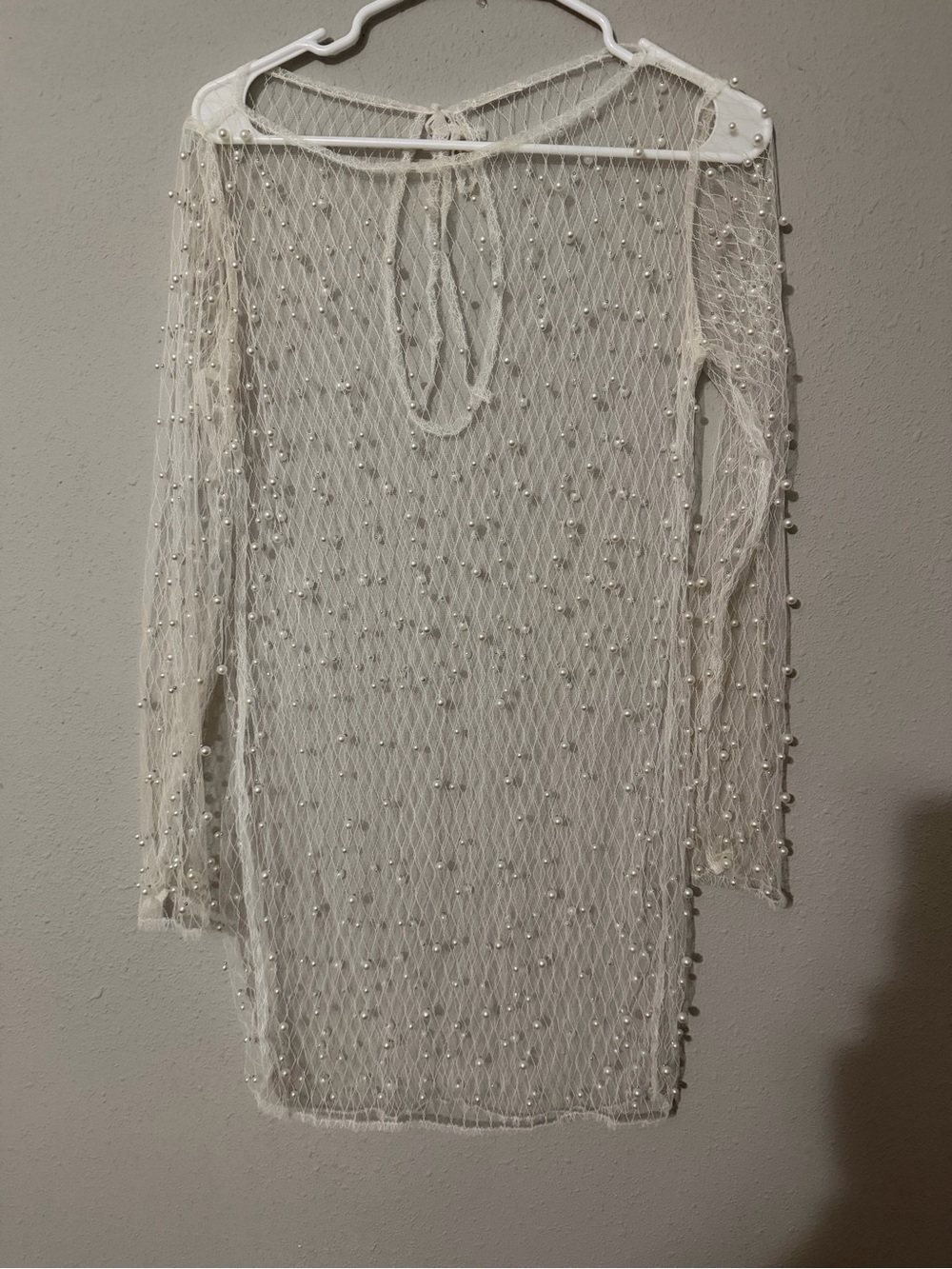 Sheer Pearl-Embellished Swim Cover-Up Dress in Ivory